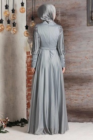 Tesettürlü Abiye Elbise - Drape Detaylı Gri Tesettür Abiye Elbise 21881GR - Thumbnail