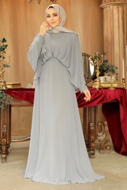 Tesettürlü Abiye Elbise - Drape Detaylı Gri Tesettür Abiye Elbise 25891GR - Thumbnail