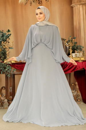 Tesettürlü Abiye Elbise - Drape Detaylı Gri Tesettür Abiye Elbise 25891GR - 1