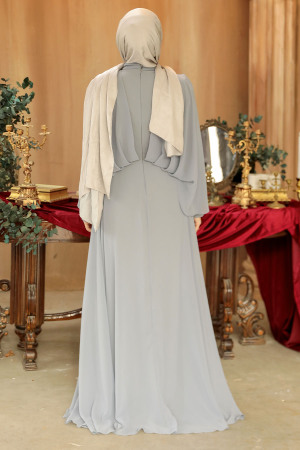 Tesettürlü Abiye Elbise - Drape Detaylı Gri Tesettür Abiye Elbise 25891GR - 3