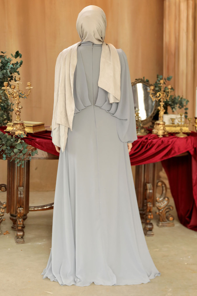 Tesettürlü Abiye Elbise - Drape Detaylı Gri Tesettür Abiye Elbise 25891GR - 3
