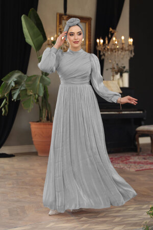 Tesettürlü Abiye Elbise - Drape Detaylı Gri Tesettür Abiye Elbise 44081GR 