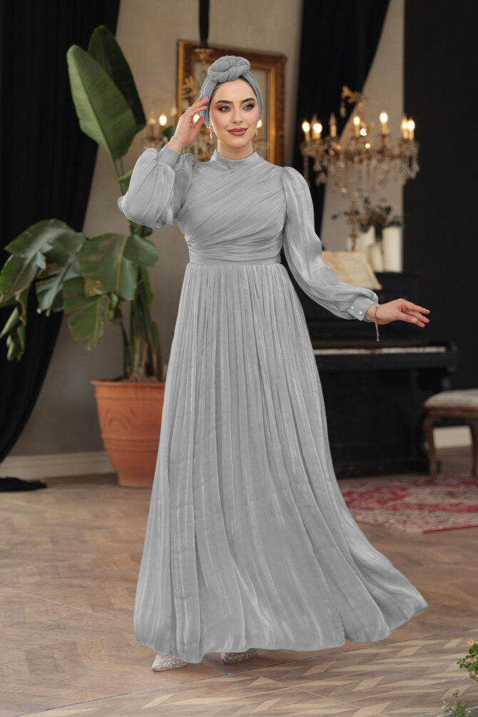 Tesettürlü Abiye Elbise - Drape Detaylı Gri Tesettür Abiye Elbise 44081GR - 1