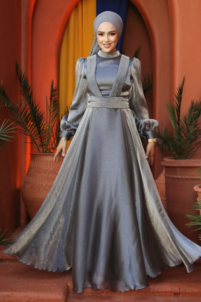 Tesettürlü Abiye Elbise - Drape Detaylı Gri Tesettür Abiye Elbise 45701GR - 3