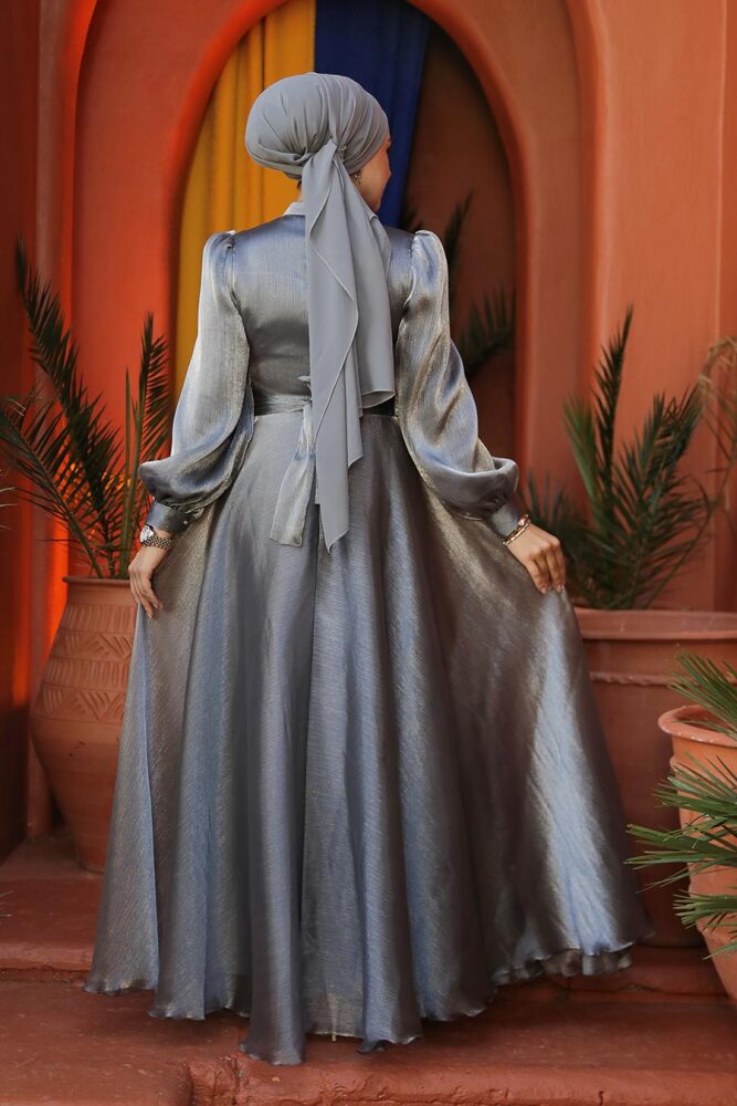 Tesettürlü Abiye Elbise - Drape Detaylı Gri Tesettür Abiye Elbise 45701GR - 8