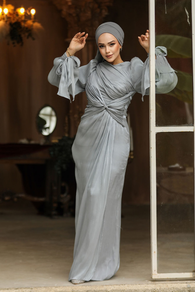 Tesettürlü Abiye Elbise - Drape Detaylı Gri Tesettür Abiye Elbise 47261GR - 2
