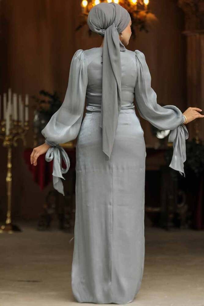 Tesettürlü Abiye Elbise - Drape Detaylı Gri Tesettür Abiye Elbise 47261GR - 3