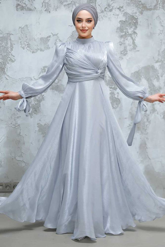 Tesettürlü Abiye Elbise - Drape Detaylı Gri Tesettür Abiye Elbise 4823GR - 1
