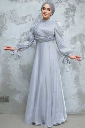 Tesettürlü Abiye Elbise - Drape Detaylı Gri Tesettür Abiye Elbise 4823GR - 2