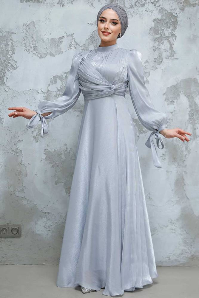 Tesettürlü Abiye Elbise - Drape Detaylı Gri Tesettür Abiye Elbise 4823GR - 2