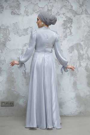 Tesettürlü Abiye Elbise - Drape Detaylı Gri Tesettür Abiye Elbise 4823GR - 3