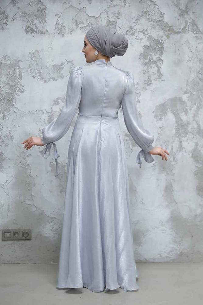 Tesettürlü Abiye Elbise - Drape Detaylı Gri Tesettür Abiye Elbise 4823GR - 3