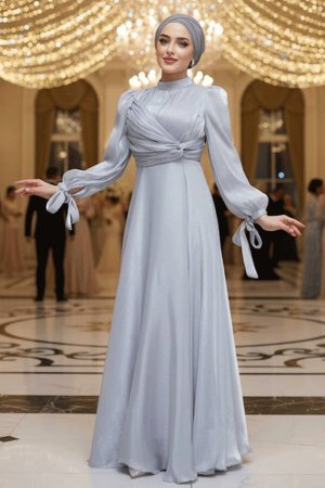 Tesettürlü Abiye Elbise - Drape Detaylı Gri Tesettür Abiye Elbise 4823GR 