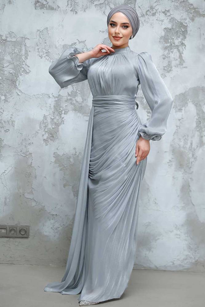 Tesettürlü Abiye Elbise - Drape Detaylı Gri Tesettür Abiye Elbise 4934GR - 3