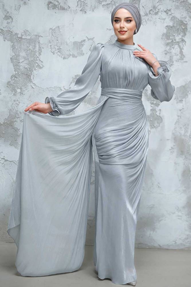 Tesettürlü Abiye Elbise - Drape Detaylı Gri Tesettür Abiye Elbise 4934GR - 1