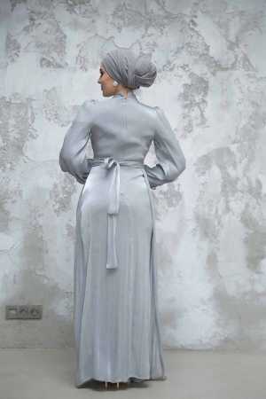 Tesettürlü Abiye Elbise - Drape Detaylı Gri Tesettür Abiye Elbise 4934GR - 4