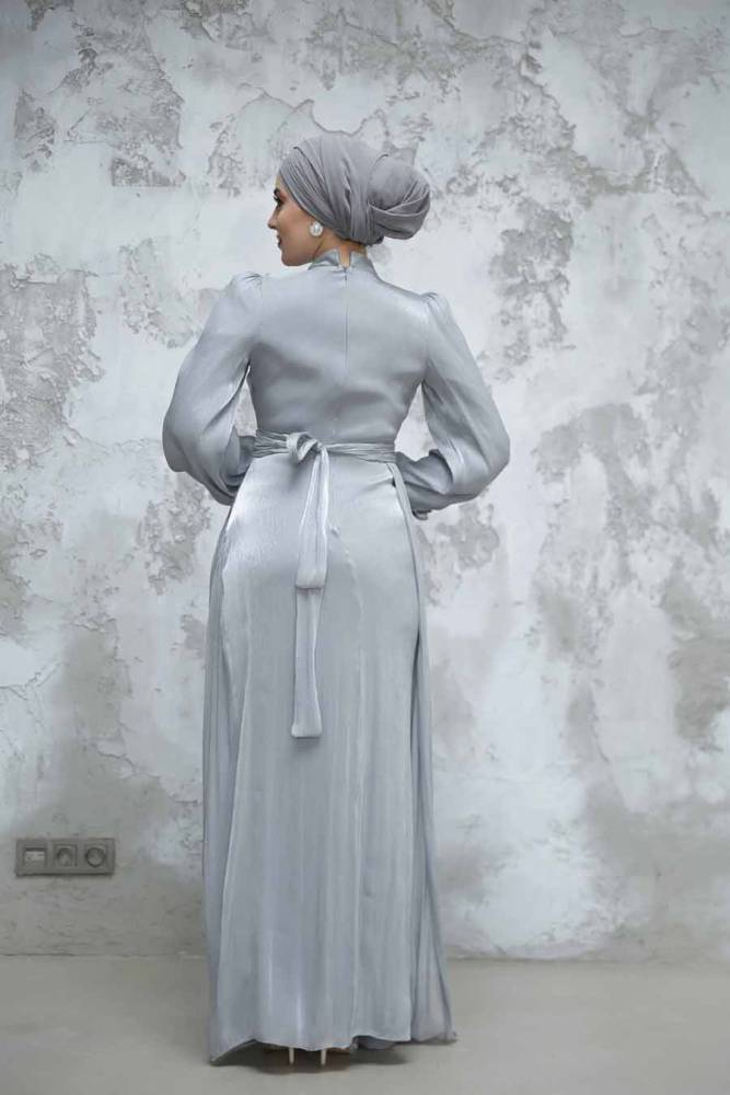 Tesettürlü Abiye Elbise - Drape Detaylı Gri Tesettür Abiye Elbise 4934GR - 4