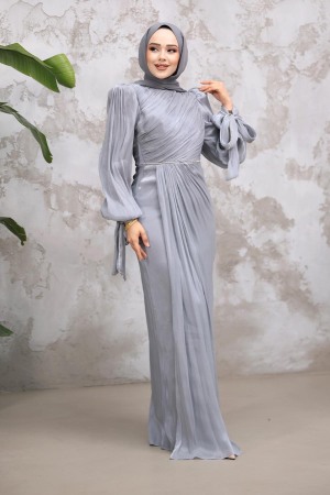 Tesettürlü Abiye Elbise - Drape Detaylı Gri Tesettür Abiye Elbise 50193GR 