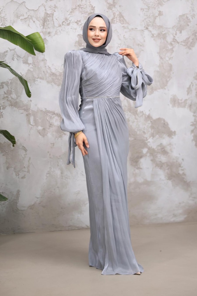 Tesettürlü Abiye Elbise - Drape Detaylı Gri Tesettür Abiye Elbise 50193GR - 1