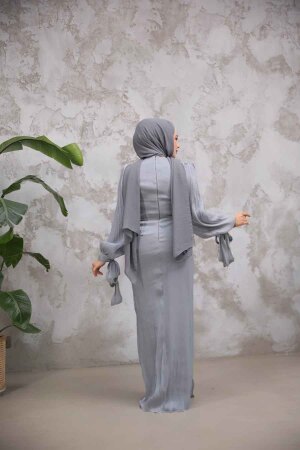 Tesettürlü Abiye Elbise - Drape Detaylı Gri Tesettür Abiye Elbise 50193GR - 3