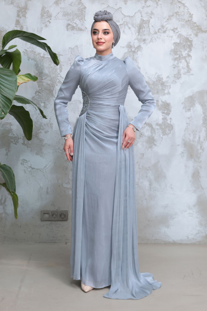 Tesettürlü Abiye Elbise - Drape Detaylı Gri Tesettür Abiye Elbise 51481GR - 4