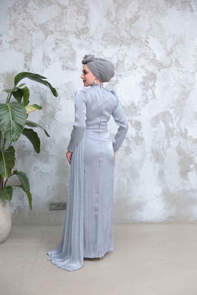 Tesettürlü Abiye Elbise - Drape Detaylı Gri Tesettür Abiye Elbise 51481GR - 5