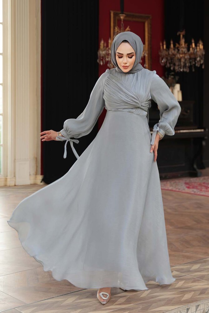 Tesettürlü Abiye Elbise - Drape Detaylı Gri Tesettür Abiye Elbise 62201GR - 1