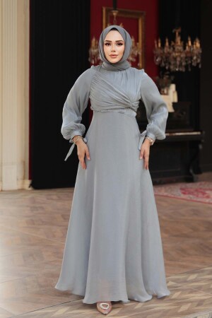 Tesettürlü Abiye Elbise - Drape Detaylı Gri Tesettür Abiye Elbise 62201GR - 2