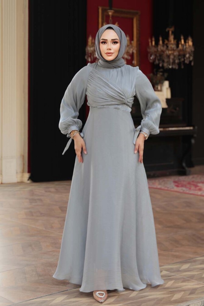 Tesettürlü Abiye Elbise - Drape Detaylı Gri Tesettür Abiye Elbise 62201GR - 2