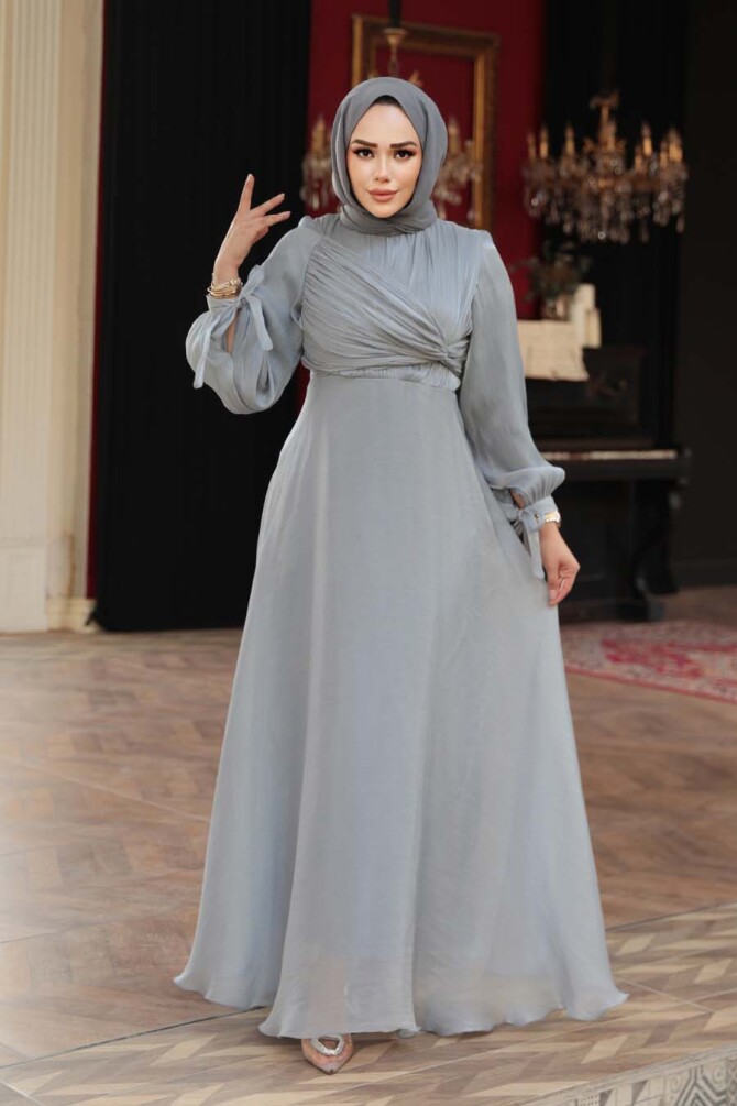 Tesettürlü Abiye Elbise - Drape Detaylı Gri Tesettür Abiye Elbise 62201GR - 3