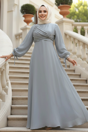 Tesettürlü Abiye Elbise - Drape Detaylı Gri Tesettür Abiye Elbise 62201GR 