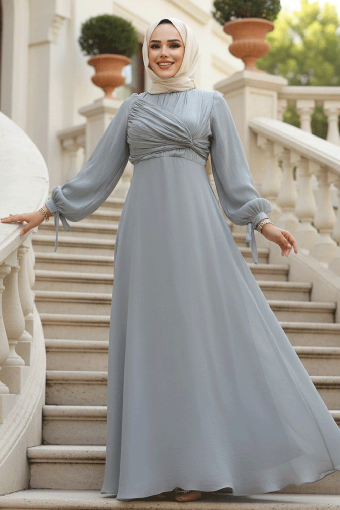 Tesettürlü Abiye Elbise - Drape Detaylı Gri Tesettür Abiye Elbise 62201GR - 1