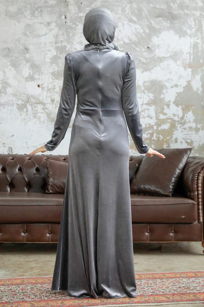 Tesettürlü Abiye Elbise - Drape Detaylı Gri Tesettür Kadife Abiye Elbise 36891GR - 3