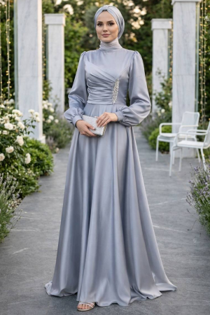 Tesettürlü Abiye Elbise - Drape Detaylı Gri Tesettür Saten Abiye Elbise 6261GR 