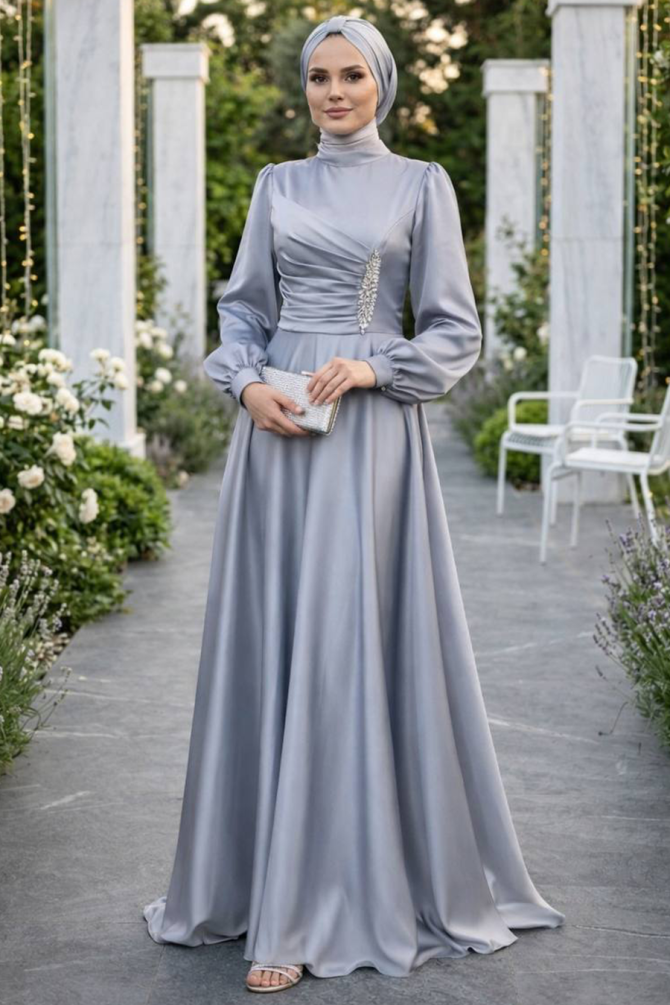 Tesettürlü Abiye Elbise - Drape Detaylı Gri Tesettür Saten Abiye Elbise 6261GR - 1