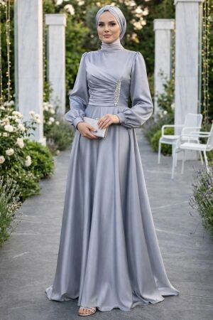 Tesettürlü Abiye Elbise - Drape Detaylı Gri Tesettür Saten Abiye Elbise 6261GR 