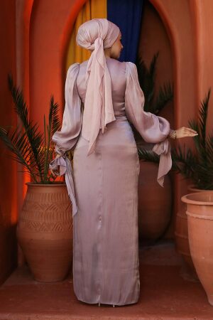 Tesettürlü Abiye Elbise - Drape Detaylı Gül Kurusu Tesettür Abiye Elbise 47261GK - 3