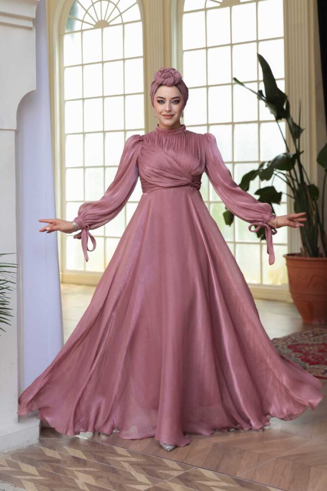 Tesettürlü Abiye Elbise - Drape Detaylı Gül Kurusu Tesettür Abiye Elbise 4823GK - 2