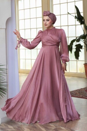 Tesettürlü Abiye Elbise - Drape Detaylı Gül Kurusu Tesettür Abiye Elbise 4823GK 