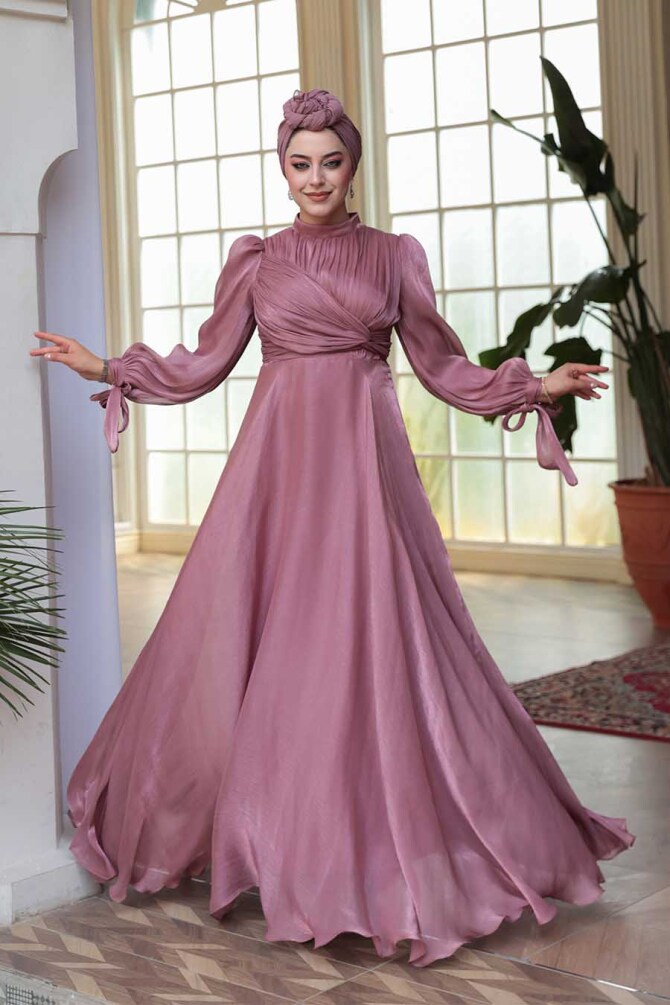 Tesettürlü Abiye Elbise - Drape Detaylı Gül Kurusu Tesettür Abiye Elbise 4823GK - 3