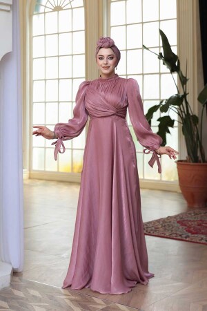 Tesettürlü Abiye Elbise - Drape Detaylı Gül Kurusu Tesettür Abiye Elbise 4823GK - 4