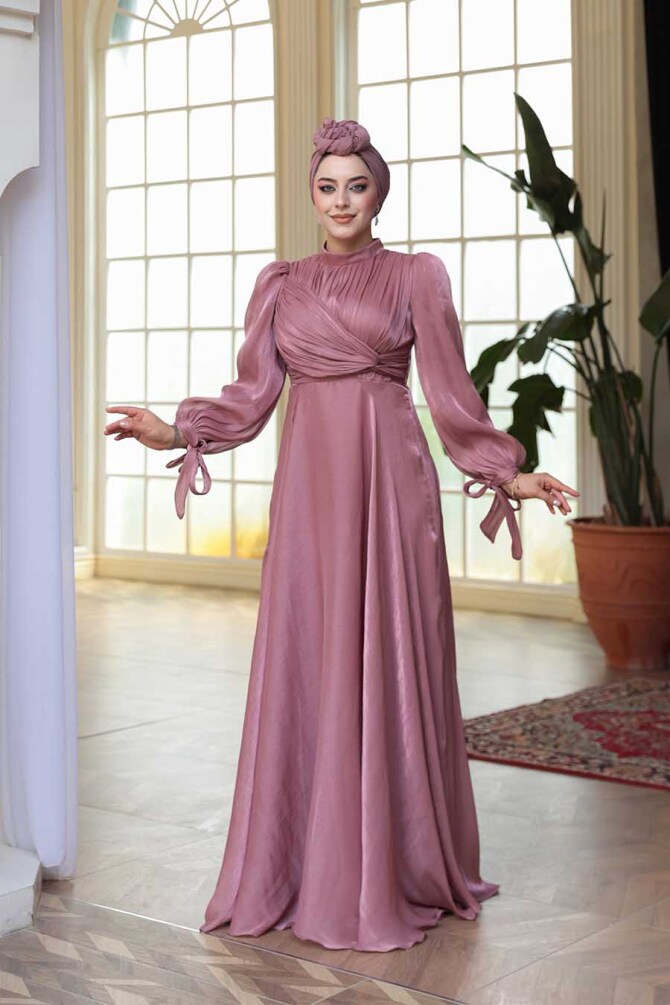 Tesettürlü Abiye Elbise - Drape Detaylı Gül Kurusu Tesettür Abiye Elbise 4823GK - 4