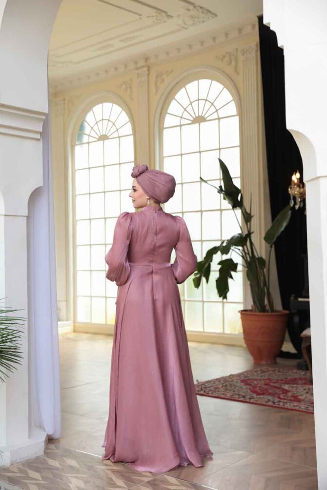 Tesettürlü Abiye Elbise - Drape Detaylı Gül Kurusu Tesettür Abiye Elbise 4823GK - 5