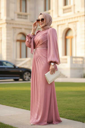 Tesettürlü Abiye Elbise - Drape Detaylı Gül Kurusu Tesettür Abiye Elbise 50193GK 