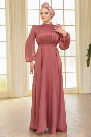 Tesettürlü Abiye Elbise - Drape Detaylı Gül Kurusu Tesettür Abiye Elbise 51072GK - 2
