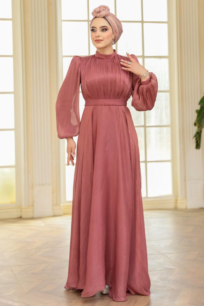 Tesettürlü Abiye Elbise - Drape Detaylı Gül Kurusu Tesettür Abiye Elbise 51072GK - 2