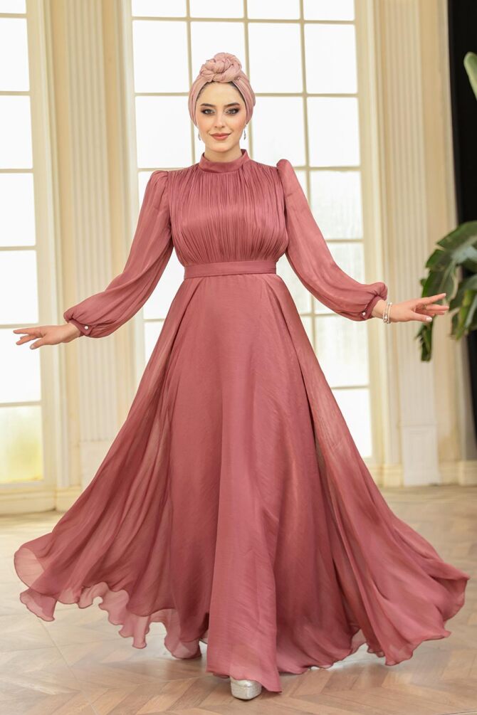 Tesettürlü Abiye Elbise - Drape Detaylı Gül Kurusu Tesettür Abiye Elbise 51072GK - 3