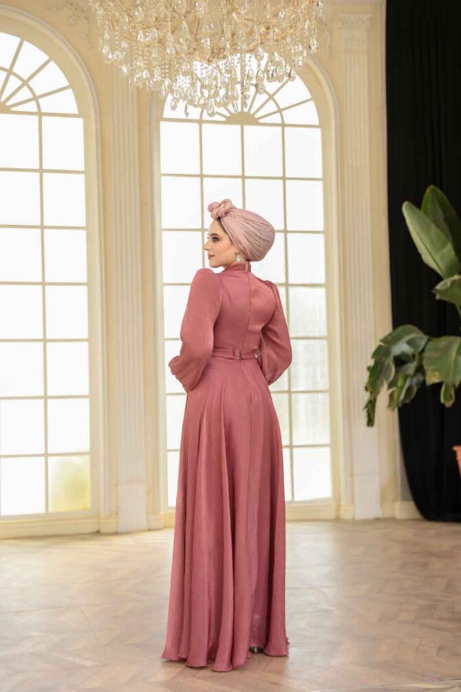 Tesettürlü Abiye Elbise - Drape Detaylı Gül Kurusu Tesettür Abiye Elbise 51072GK - 4