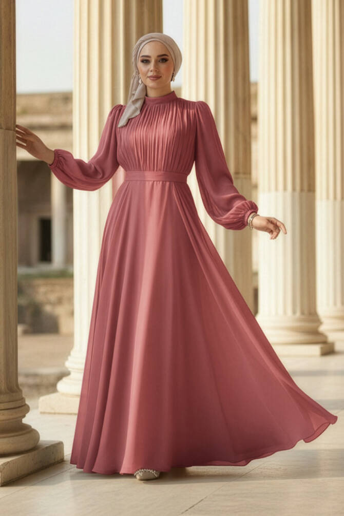 Tesettürlü Abiye Elbise - Drape Detaylı Gül Kurusu Tesettür Abiye Elbise 51072GK - N.S NEVA STYLE