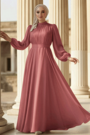 Tesettürlü Abiye Elbise - Drape Detaylı Gül Kurusu Tesettür Abiye Elbise 51072GK 